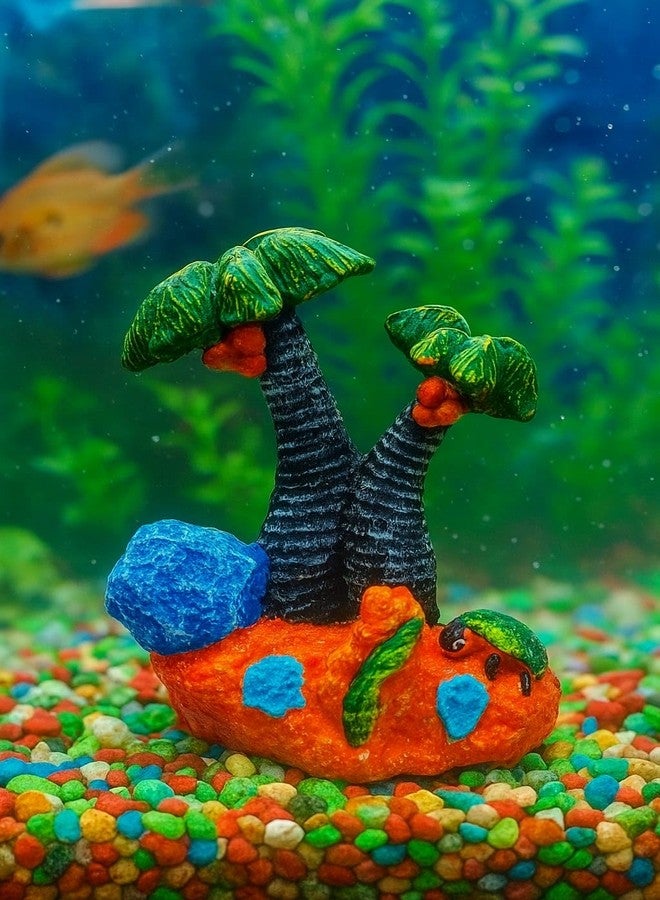 rizopets Decorative Aquarium Palm Tree Ornament with Fish Tank Base, Orange and Blue, Tropical Design - Image 2