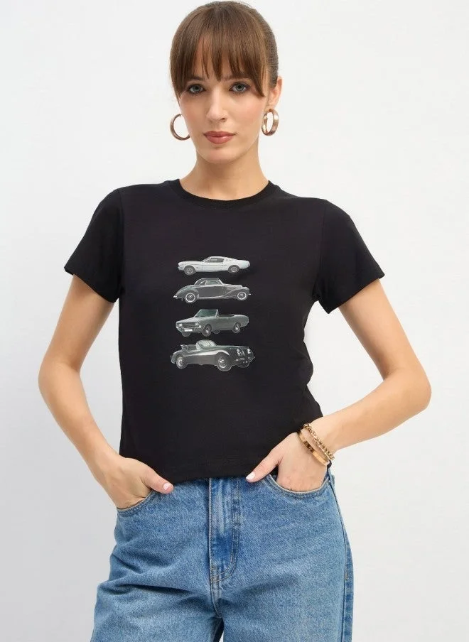 SASSAFRAS Black Graphic Print T-Shirt for Women