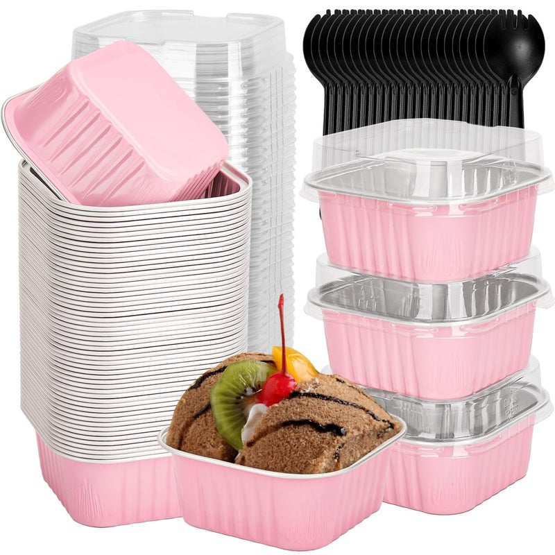 selizo 60 Pack 5oz Mini Disposable Cake Pans with Lids Aluminum Foil Square Baking Cups 35x35 Small Baking Cake Tins Cup Cake Containers with Lids for Individual Cakes