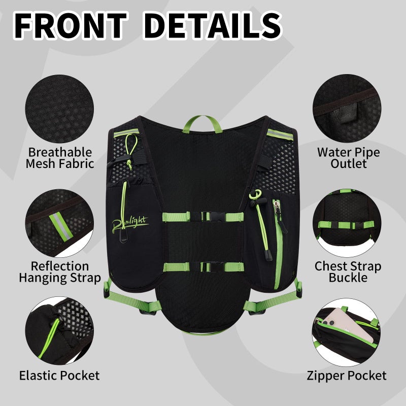 Runlight Running Vest for Women Men Lightweight Hydration Backpack Pack with 1.5L Water Bladder Bag Hydro Daypack for Hiking,Trail,Skiing,Camping,Cycling,Race,Marathon (Black Green, One Size) - Image 3
