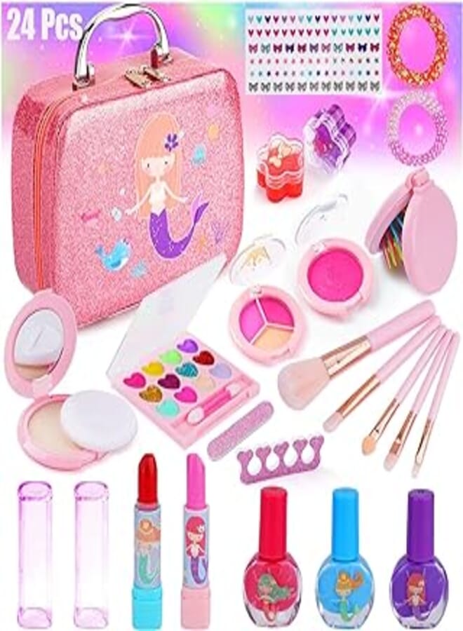 Kids Makeup Kit for Girl Toys, Toddler Toys for Girls Washable Real Makeup for Little Girls Toys Birthday Gifts, Play Princess Pretend Make up Set Toys for 4 5 6 7 8 9 Years Old, 24 Pack