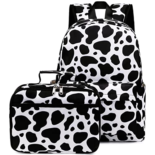 AUIVTY Cow Print Backpack for Girls - Preschool Kindergarten Bookbag with Lunch Box - Black White Cow Print - Image 1