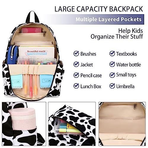 AUIVTY Cow Print Backpack for Girls - Preschool Kindergarten Bookbag with Lunch Box - Black White Cow Print - Image 3