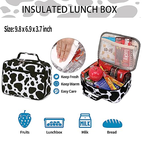 AUIVTY Cow Print Backpack for Girls - Preschool Kindergarten Bookbag with Lunch Box - Black White Cow Print - Image 2