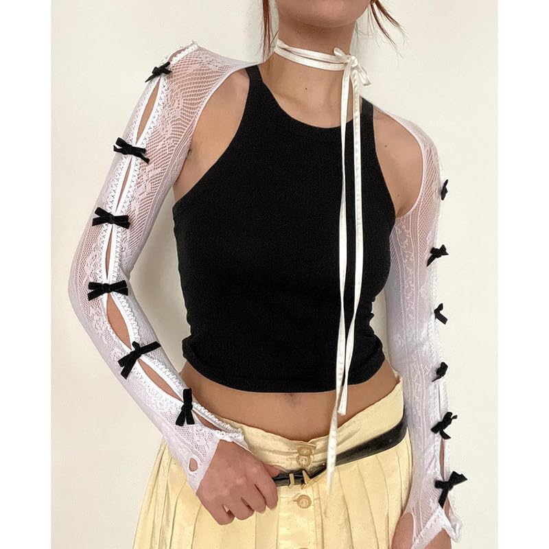 Sumleno Women's Mesh Lace Shrug Crop Top Y2K Aesthetic Arm Sleeves Cardigan with Bow Grunge Cute Fairycore Accessories (White,One Size) - Image 4