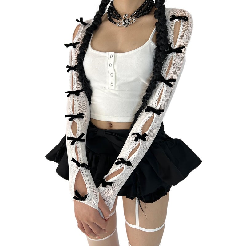 Sumleno Women's Mesh Lace Shrug Crop Top Y2K Aesthetic Arm Sleeves Cardigan with Bow Grunge Cute Fairycore Accessories (White,One Size) - Image 2