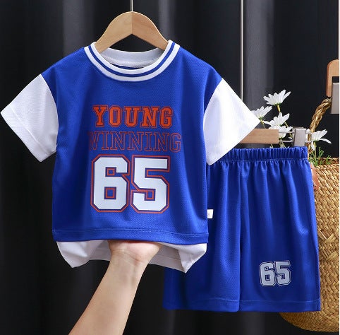 2024 Kids Summer Sports Jersey Set Boys Short Sleeve Vest Shorts PD-02 blue uniform 