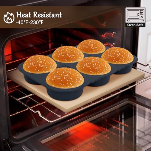Obsoorth Hamburger Bun Pan,6 Cavity Silicone Hamburger Bread Mold,Non-Stick Heat-Hamburger Bun Mold,Food-Safe Silicone Hamburger Bun Pans for Baking Hamburger Bun hot dog bun pan - Image 4