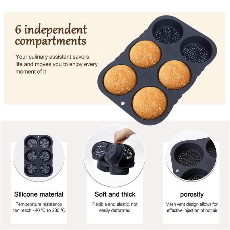Obsoorth Hamburger Bun Pan,6 Cavity Silicone Hamburger Bread Mold,Non-Stick Heat-Hamburger Bun Mold,Food-Safe Silicone Hamburger Bun Pans for Baking Hamburger Bun hot dog bun pan - Image 5