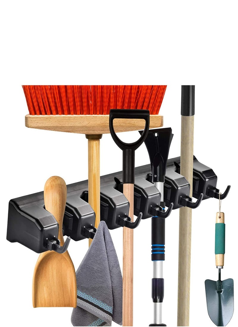 MIXDE Mop and Broom Holder Wall Mount, 5 Position with 6 Hooks Garage Storage Holds, Storage Solutions for Broom Holders, Garage Storage Systems Broom Organizer for Garage Shelving Ideas  - Image 1