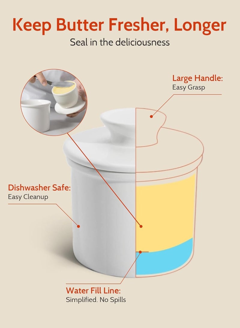 Sweese French Butter Dish - Butter Crock for Counter with Water Line for Fresh Spreadable Butter - French Butter Keeper with Lid - Housewarming Gift For The One Who Has It All - White - Image 5