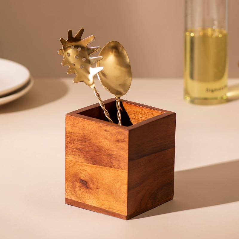 nestroots Wooden Cutlery Holder Spoon Stand For Kitchen | 6.5 Inch Brown | Cutlery Holder For Dining Table | Wooden Caddy Storage Organiser Stand Caddy Holder | Stylish & Functional Kitchen Décor - Image 1