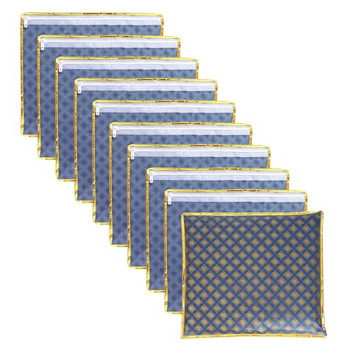 LAXIS® Single Saree Cover, Saree Bags, Transparent Saree Covers with Zip for Storage, Dust & Waterproof, Wardrobe Saree Packing, Size-36x42x2 CM (Pack of 10, Navy Blue) - Image 1