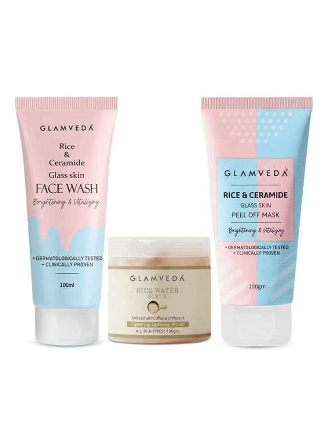 Glamveda Korean Rice & Ceramide 3 Step Face Wash, Face Scrub & Peel Off Mask For Women & Men| Reduces Signs of Ageing & Skin Brightening | For Dry to Combination Skin Type - Image 1
