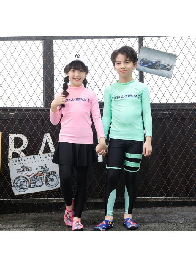 Loquat Parent-Child Swimsuit Diving Suit Split Swimsuit Father-Son Long Sleeve Trousers Men's And Women's Snorkeling Surfer Suit Female Skirt Jellyfish Suit-Color:Women's Green Four-piece Set- - Image 3