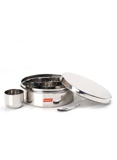 Sumeet Stainless Steel Flat Masala (Spice) Box/Organiser With Stainless Steel Lid, 7 Containers And Small Spoon Size 11 (1.5Ltr) (18.5Cm), Beige