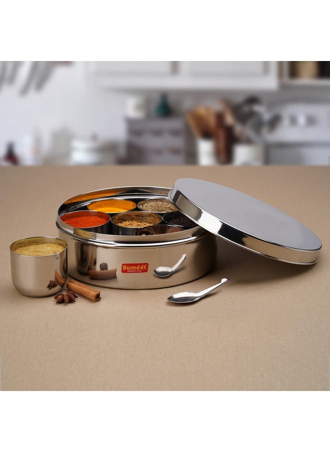 Sumeet - Sumeet Stainless Steel Flat Masala (Spice) Box/Organiser With Stainless Steel Lid, 7 Containers And Small Spoon Size 11 (1.5Ltr) (18.5Cm), Beige - Image 1