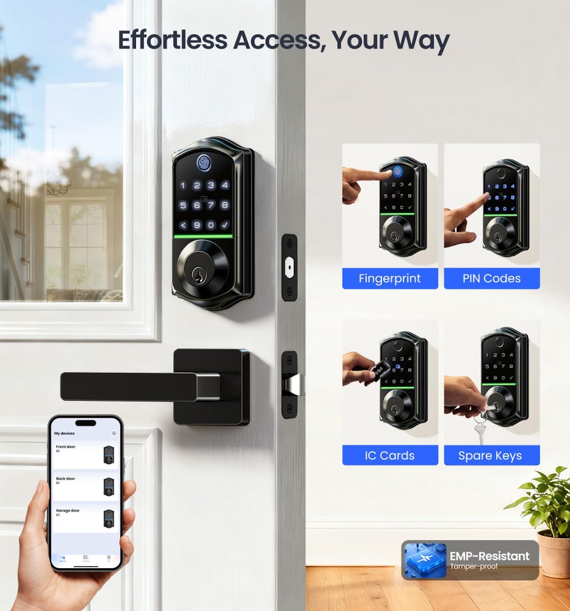 Veise VE017-B Fingerprint Smart Lock for Front Door, App Control, 8-in-1 Keyless Entry Deadbolt with 2 Zinc Alloy Lever Handles Set, Emergency Power Port, Auto Lock, Electronic Keypad, Black - Image 2