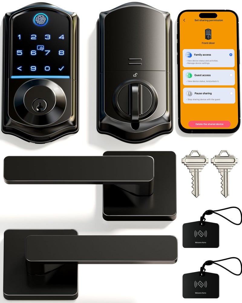 Veise VE017-B Fingerprint Smart Lock for Front Door, App Control, 8-in-1 Keyless Entry Deadbolt with 2 Zinc Alloy Lever Handles Set, Emergency Power Port, Auto Lock, Electronic Keypad, Black - Image 1
