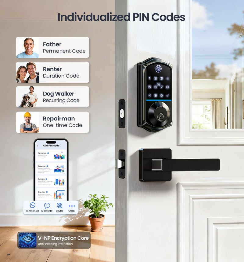 Veise VE017-B Fingerprint Smart Lock for Front Door, App Control, 8-in-1 Keyless Entry Deadbolt with 2 Zinc Alloy Lever Handles Set, Emergency Power Port, Auto Lock, Electronic Keypad, Black - Image 4