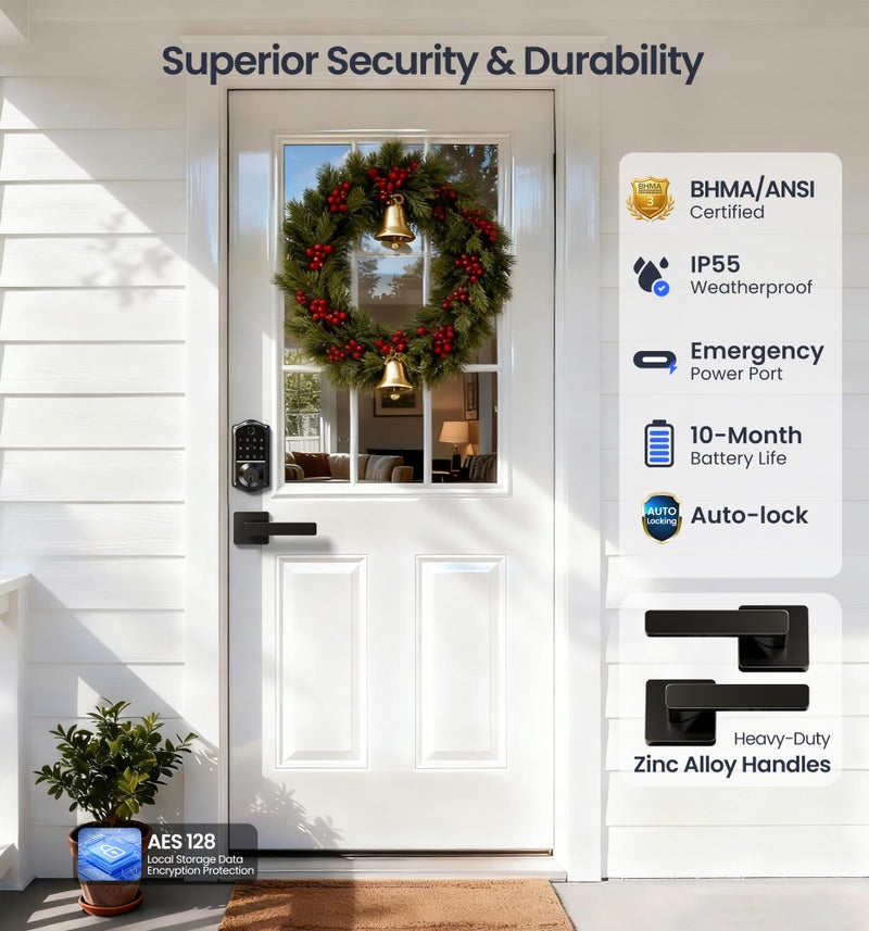Veise VE017-B Fingerprint Smart Lock for Front Door, App Control, 8-in-1 Keyless Entry Deadbolt with 2 Zinc Alloy Lever Handles Set, Emergency Power Port, Auto Lock, Electronic Keypad, Black - Image 5