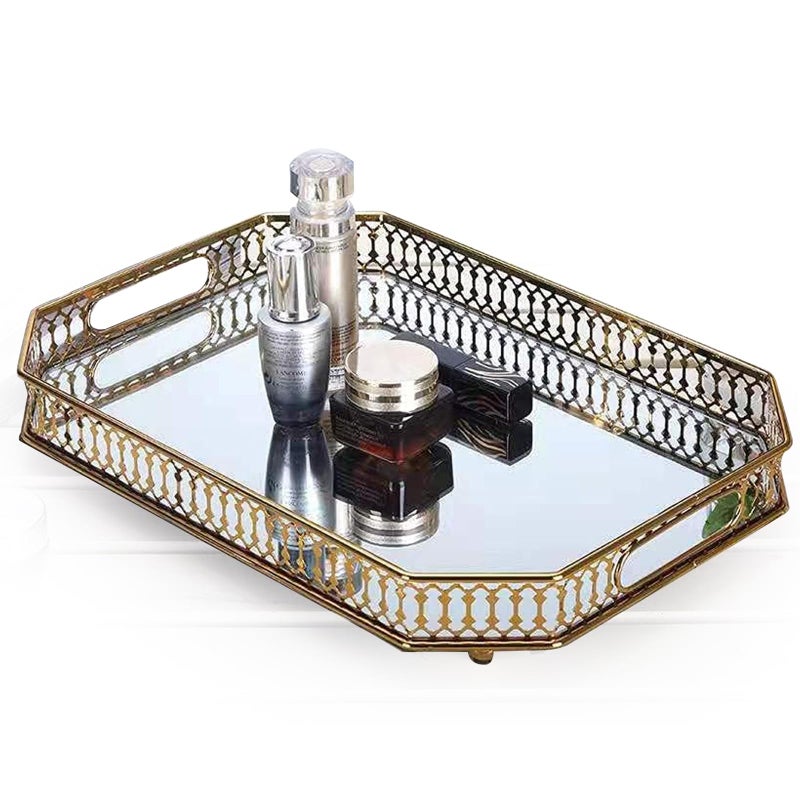 Vintage Gold Mirrored Vanity Tray  Decorative Perfume and Makeup Organizer with Handles for Dresser Bathroom or Jewelry Display Large Size 138 X 96 X22