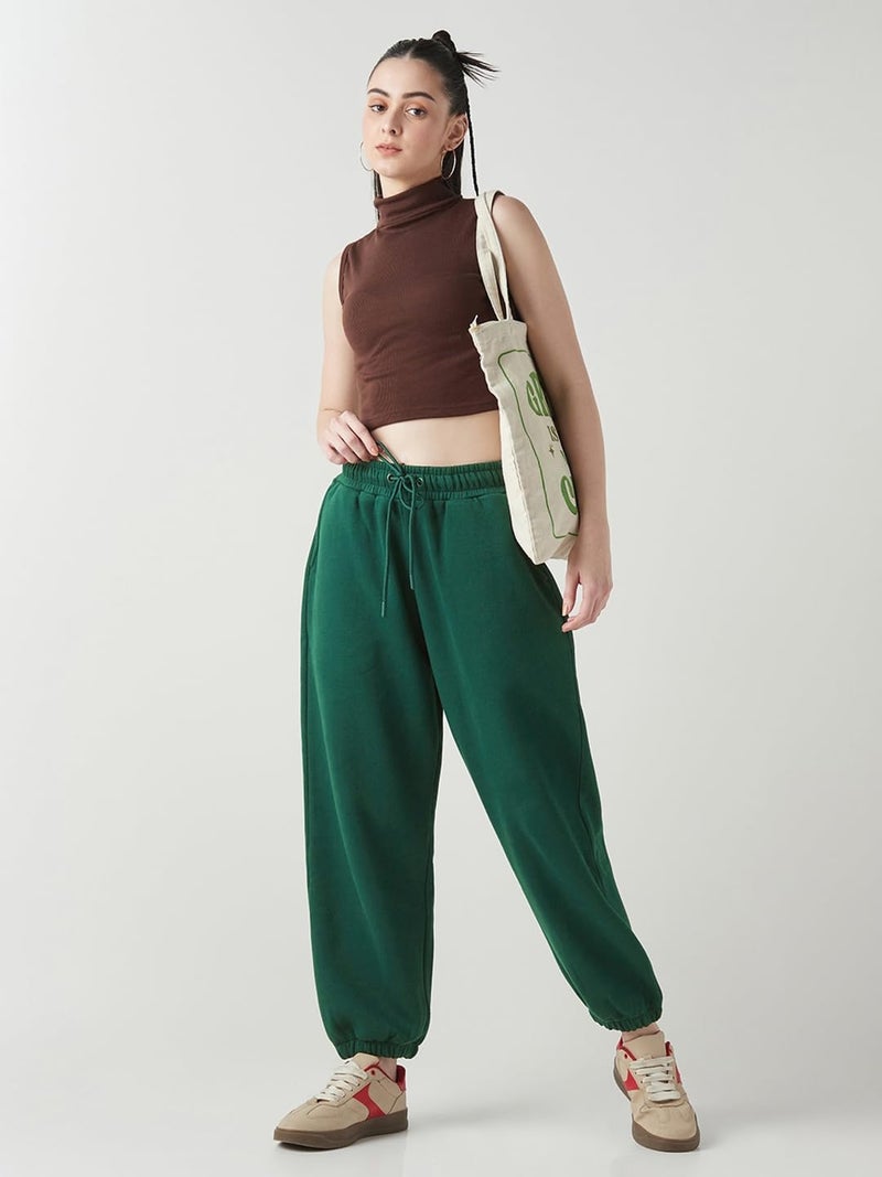 Bewakoof Women's Solid Super Loose Fit Poly Cotton Joggers_649928_Green_M - Image 5