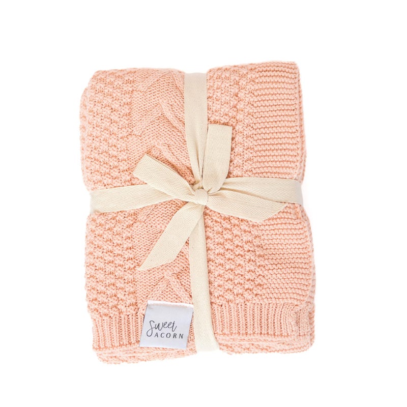 Sweet Acorn Knit Baby Blanket in Cable Pattern Organic Cotton Blankets for Crib or Stroller Receiving Blankets  Dahlia Pink