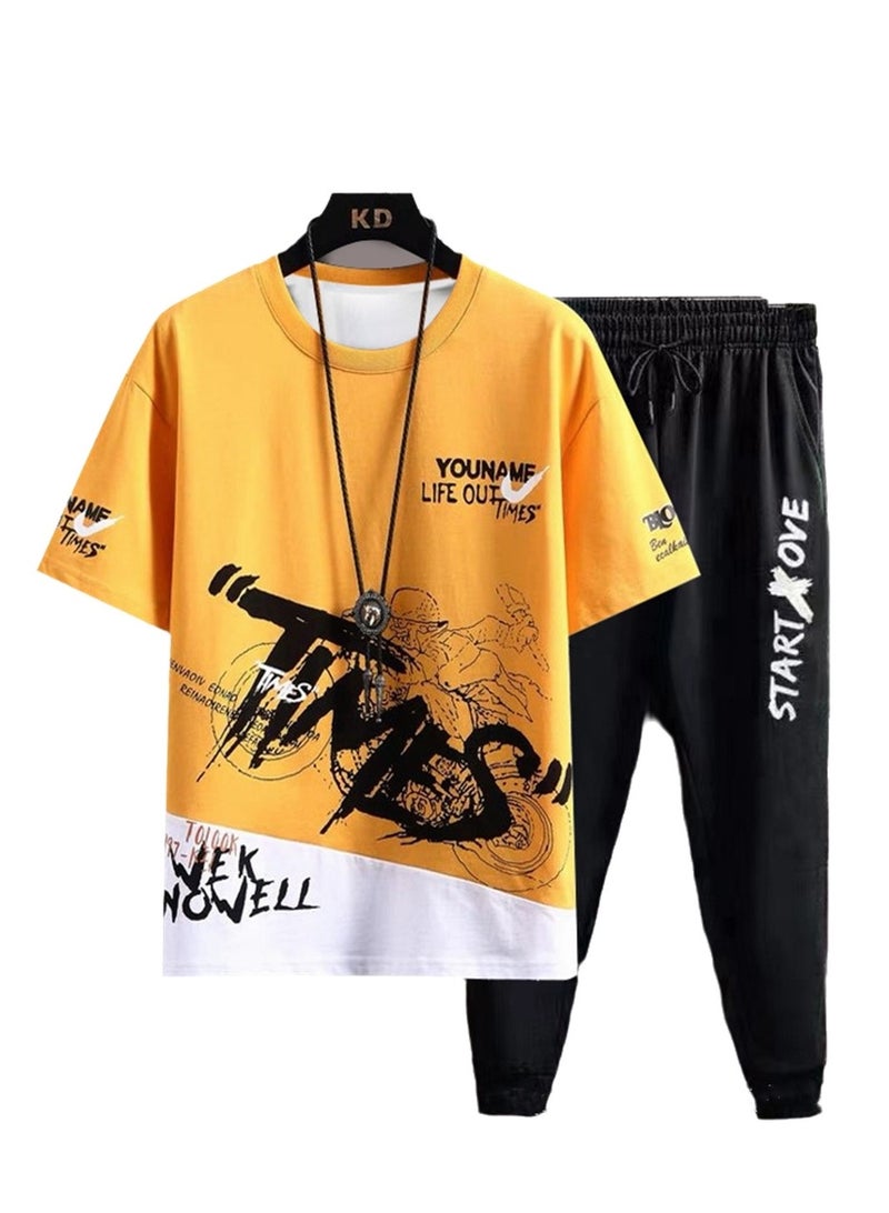 Men's sports trousers two-piece summer casual suit men's thin trendy short-sleeved t-shirt trousers suit - Image 1