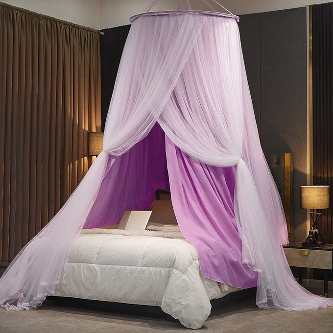 LUXURIOUS BED CANOPY FOR GIRLS ADULTS DOUBLE LAYER PRINCESS CANOPY WITH LACE ROUND DOME MOSQUITO NETTING FOR QUEENKING BED TENT PURPLE