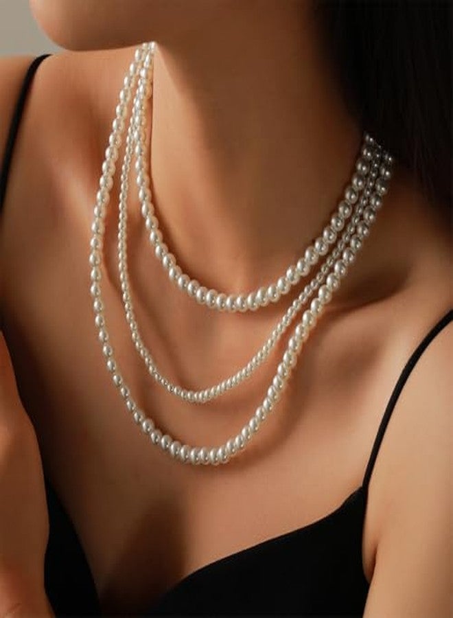 RECTYO GALLERY1Psc Premium Long Layered Pearls Beaded Necklaces for Women Fashion Multi Strand Faux Pearl Choker Stack Statement Necklaces Vintage Costume Triple Layering Jewelry Gifts - Image 2
