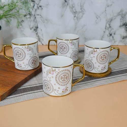 Femora Premium Golden Rangoli Design Ceramic Coffee & Tea Cup Set of 4, 180 ML - Image 4