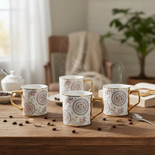 Femora Premium Golden Rangoli Design Ceramic Coffee & Tea Cup Set of 4, 180 ML - Image 1