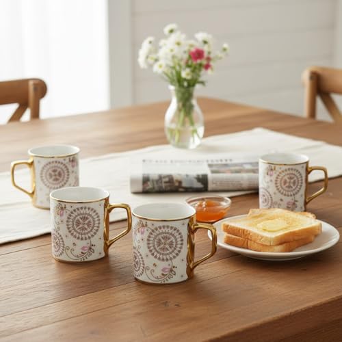 Femora Premium Golden Rangoli Design Ceramic Coffee & Tea Cup Set of 4, 180 ML - Image 2