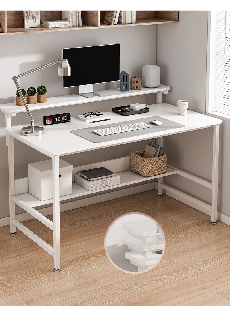 JANTENS - JANTENS Gaming Desk with Double Layer Metal Frame Office Table Carbon Fiber Surface 3 Heights Adjustable Monitor Rack Study Desk Ergonomic Table with Storage Tier White 110*45*75CM - Image 1