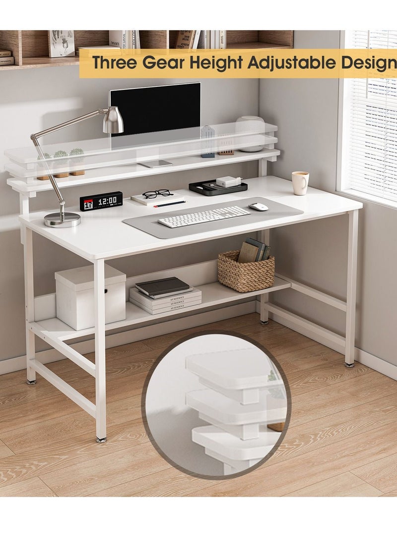 JANTENS - JANTENS Gaming Desk with Double Layer Metal Frame Office Table Carbon Fiber Surface 3 Heights Adjustable Monitor Rack Study Desk Ergonomic Table with Storage Tier White 110*45*75CM - Image 1