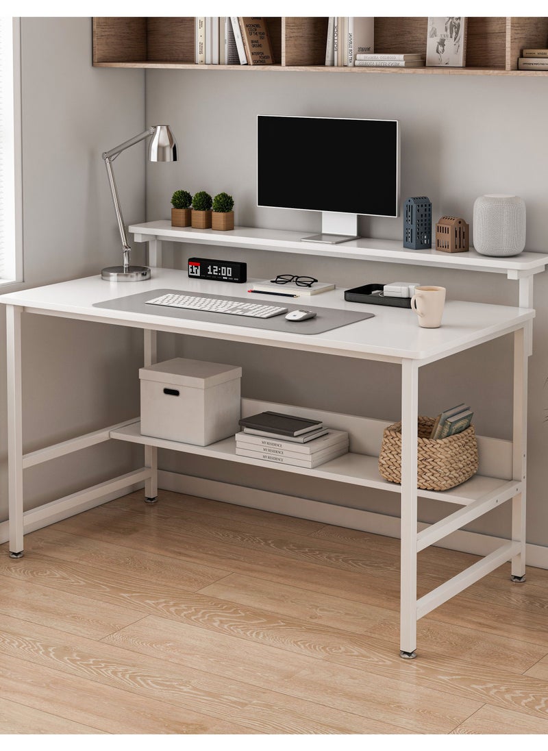 JANTENS - JANTENS Gaming Desk with Double Layer Metal Frame Office Table Carbon Fiber Surface 3 Heights Adjustable Monitor Rack Study Desk Ergonomic Table with Storage Tier White 110*45*75CM - Image 1