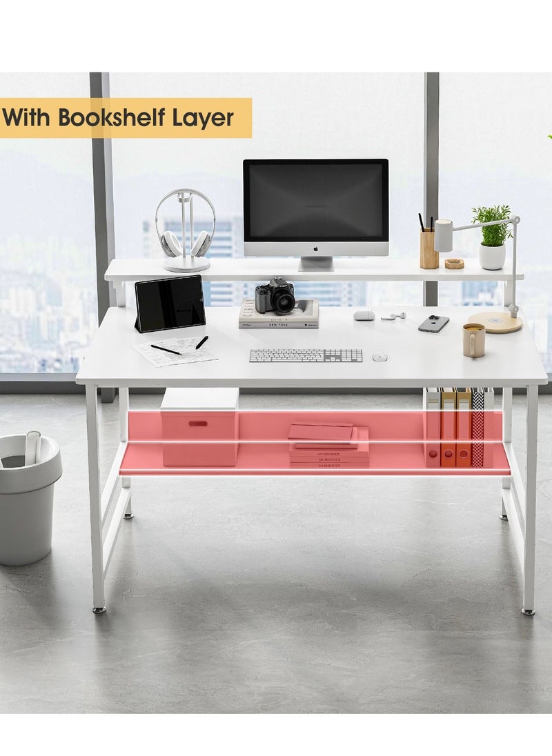 JANTENS - JANTENS Gaming Desk with Double Layer Metal Frame Office Table Carbon Fiber Surface 3 Heights Adjustable Monitor Rack Study Desk Ergonomic Table with Storage Tier White 110*45*75CM - Image 1