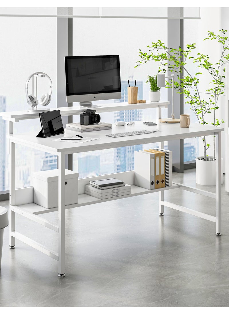 JANTENS - JANTENS Gaming Desk with Double Layer Metal Frame Office Table Carbon Fiber Surface 3 Heights Adjustable Monitor Rack Study Desk Ergonomic Table with Storage Tier White 110*45*75CM - Image 1