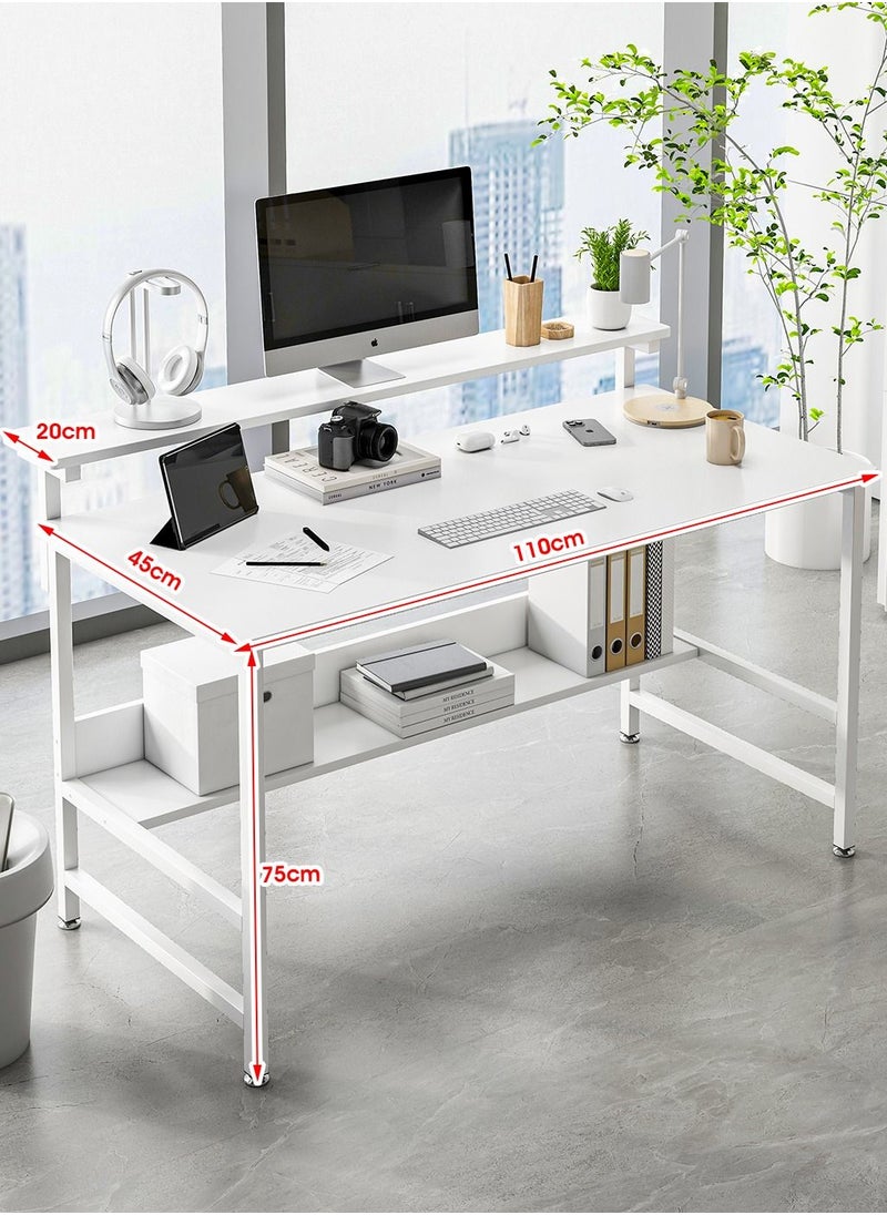 JANTENS - JANTENS Gaming Desk with Double Layer Metal Frame Office Table Carbon Fiber Surface 3 Heights Adjustable Monitor Rack Study Desk Ergonomic Table with Storage Tier White 110*45*75CM - Image 1