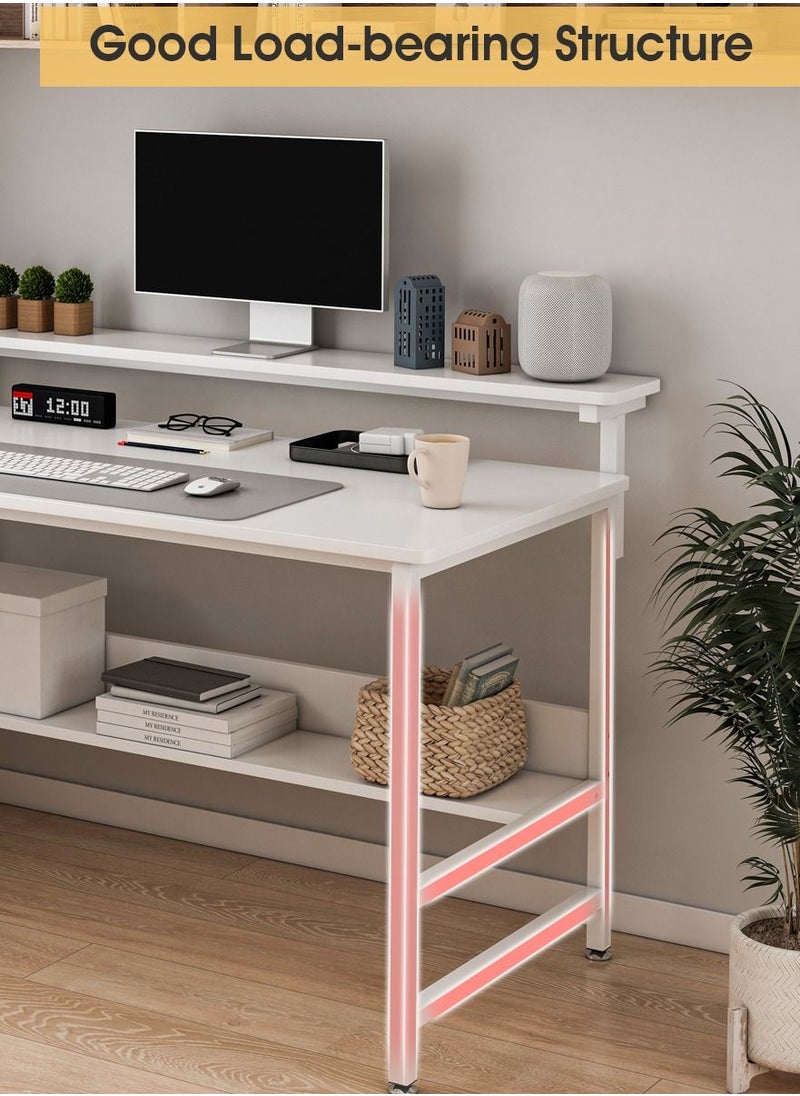 JANTENS - JANTENS Gaming Desk with Double Layer Metal Frame Office Table Carbon Fiber Surface 3 Heights Adjustable Monitor Rack Study Desk Ergonomic Table with Storage Tier White 110*45*75CM - Image 1