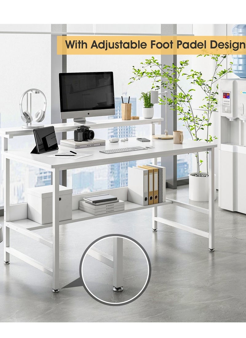 JANTENS - JANTENS Gaming Desk with Double Layer Metal Frame Office Table Carbon Fiber Surface 3 Heights Adjustable Monitor Rack Study Desk Ergonomic Table with Storage Tier White 110*45*75CM - Image 1