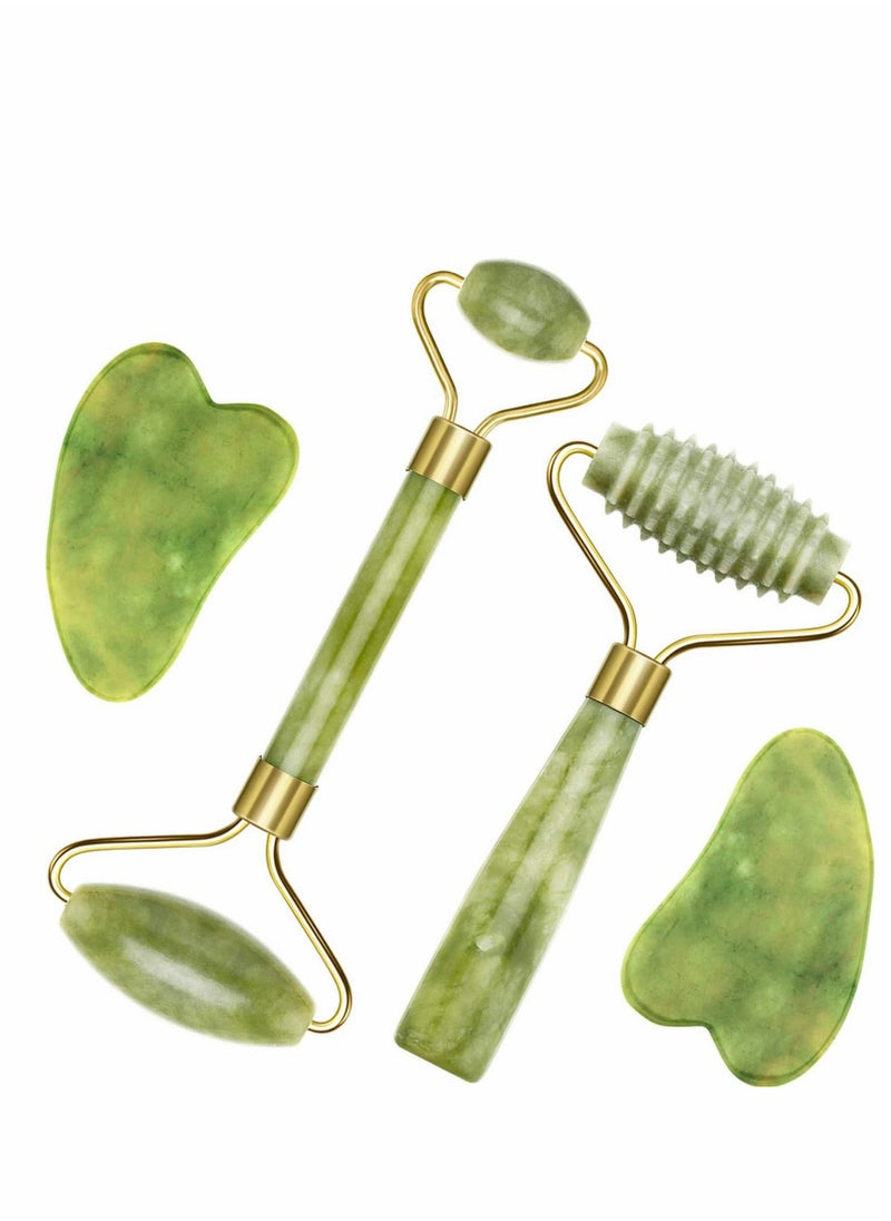 Excefore 4 Pieces Jade Roller Face Massager Gua Sha Gift Kit Eye and Facia Skin Care Tool Reduces Wrinkles and Tightens Skin Natural Real Jade Stone Anti Aging Roller Facial Massager  - Image 1