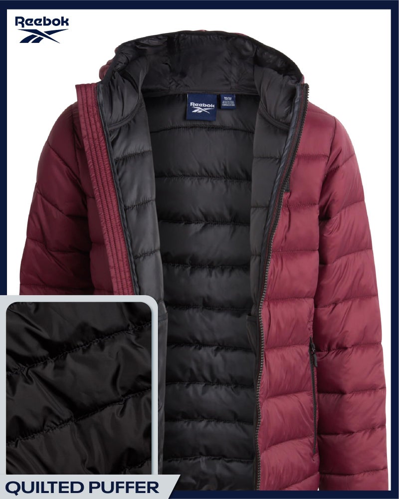 Reebok Boys Winter Coat - Lightweight Insulated Puffer Jacket - Wind & Water Resistant Quilted Hooded Winter Jacket for Boys, Size 14-16, Wine - Image 5