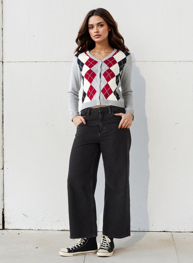 Lee Cooper Argyle Print Cardigan with V-neck and Long Sleeves - Image 2