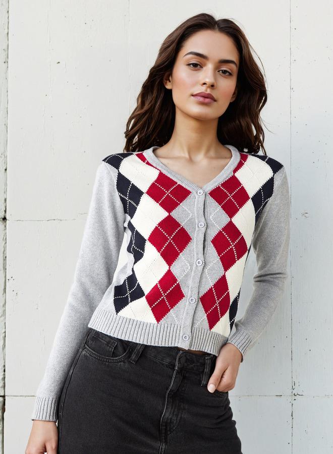 Lee Cooper Argyle Print Cardigan with V-neck and Long Sleeves - Image 1