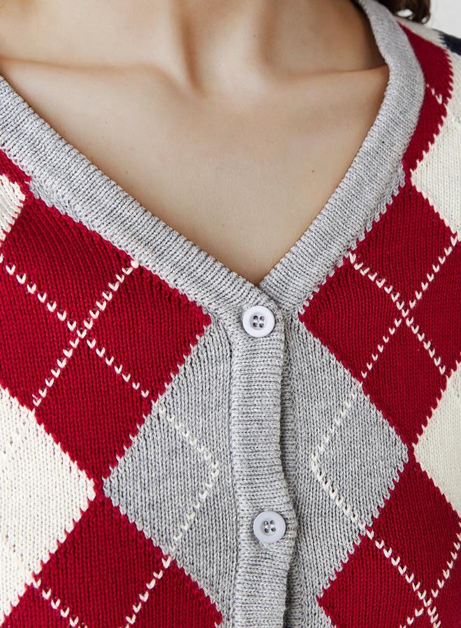 Lee Cooper Argyle Print Cardigan with V-neck and Long Sleeves - Image 3