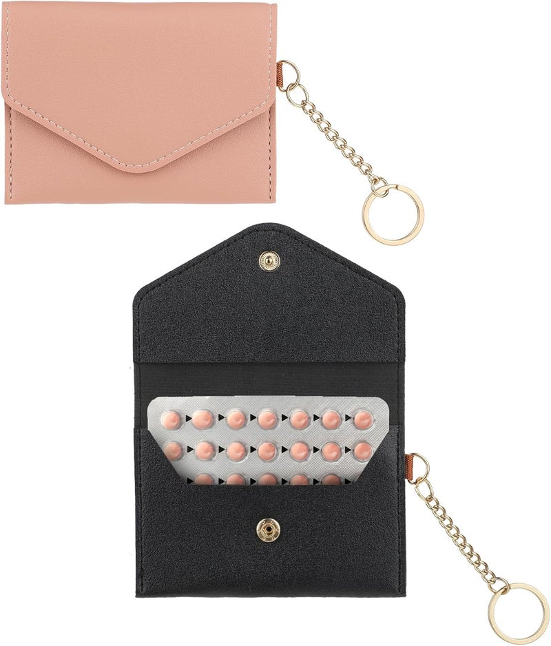 Sliverdew 2 Pack Birth Control Pill Case Sleeve Packet 4.3 X 3.2 Inch PU Leather Wallet Pill Holder Privacy Protection Birth Control Pill Wallet with Key Ring for Pill Card Organizer (Pink, Black)