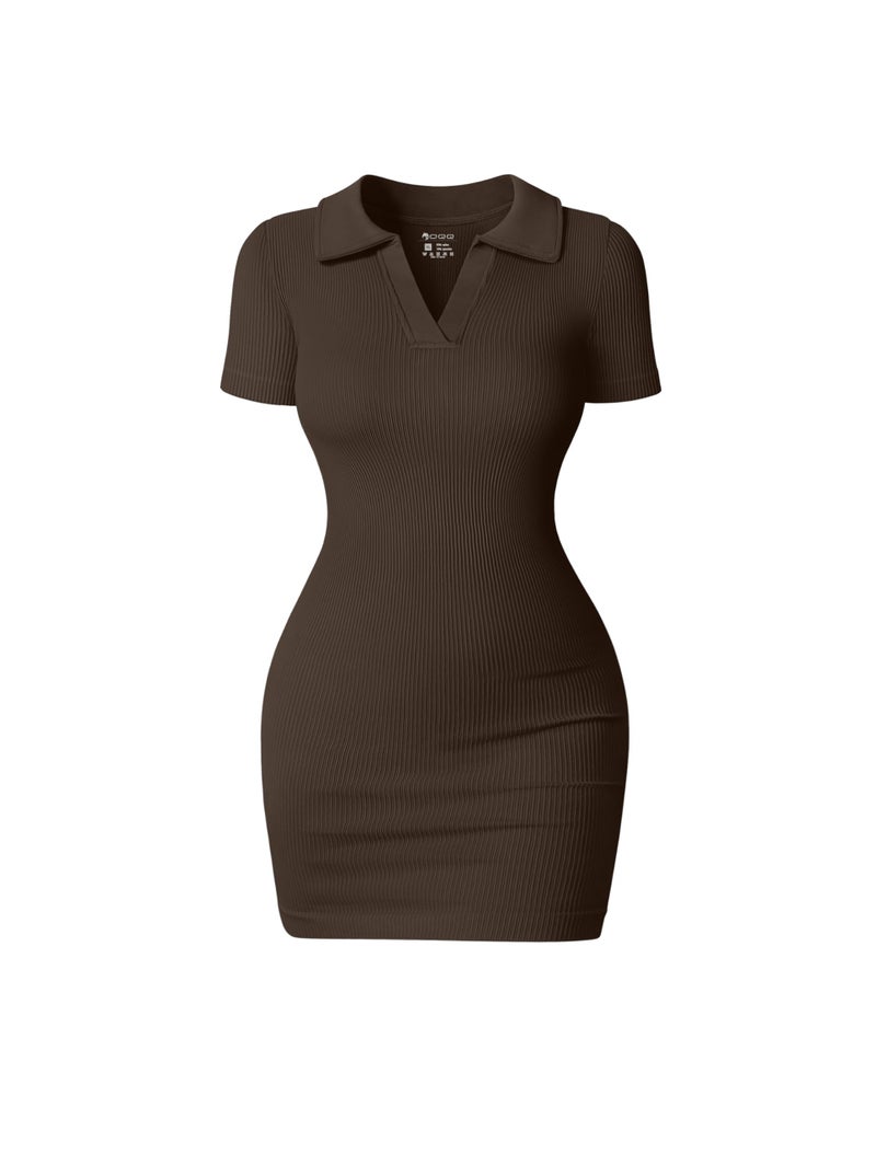 OQQ Women's Mini Dresses Sexy Ribbed Short Sleeve Tummy Control Bodycon Mini Dress Darkbrown - Image 1