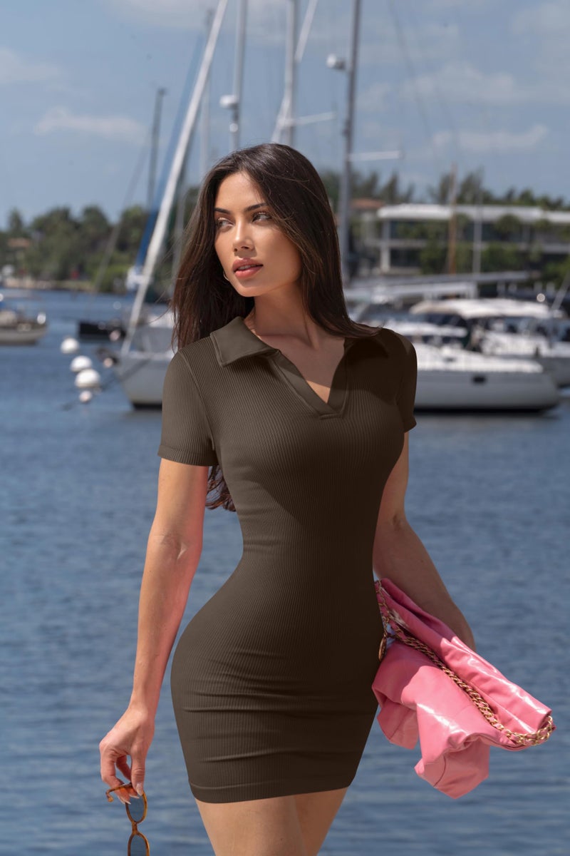 OQQ Women's Mini Dresses Sexy Ribbed Short Sleeve Tummy Control Bodycon Mini Dress Darkbrown - Image 5